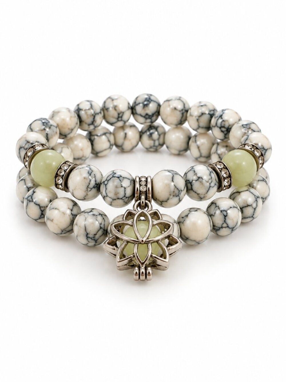 Magnesite Serpentine Lotus Charm Stretch Bracelet Set of 2